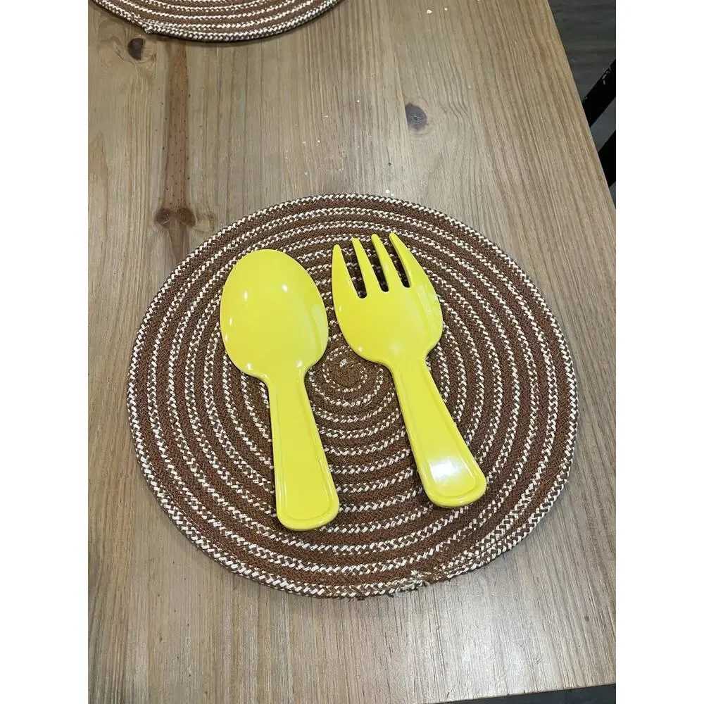Vintage Salad Servers Decorative Cutlery Yellow Wood Design Spoon Fork Two Piece